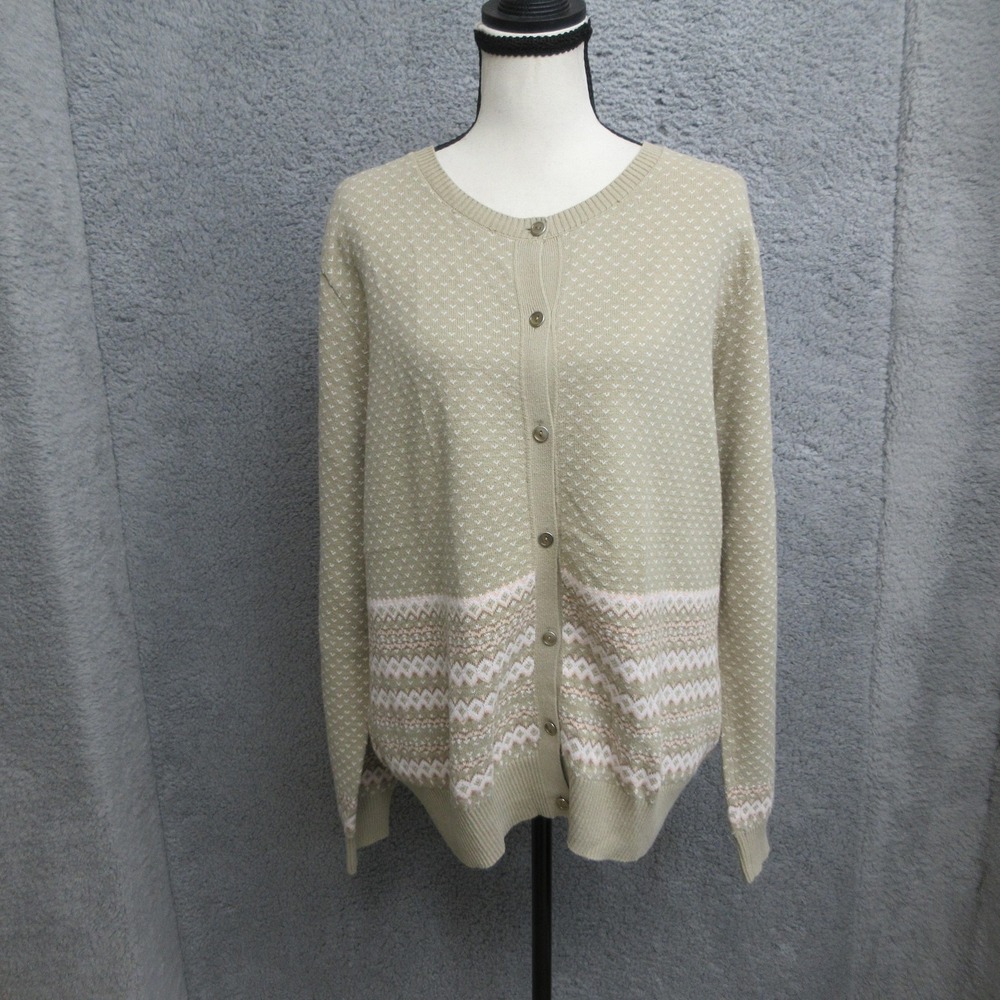 IZOD Cardigan Sweater Women XL Beige Pink Fair Isle Nordic Preppy Winter Lodge - Picture 1 of 14